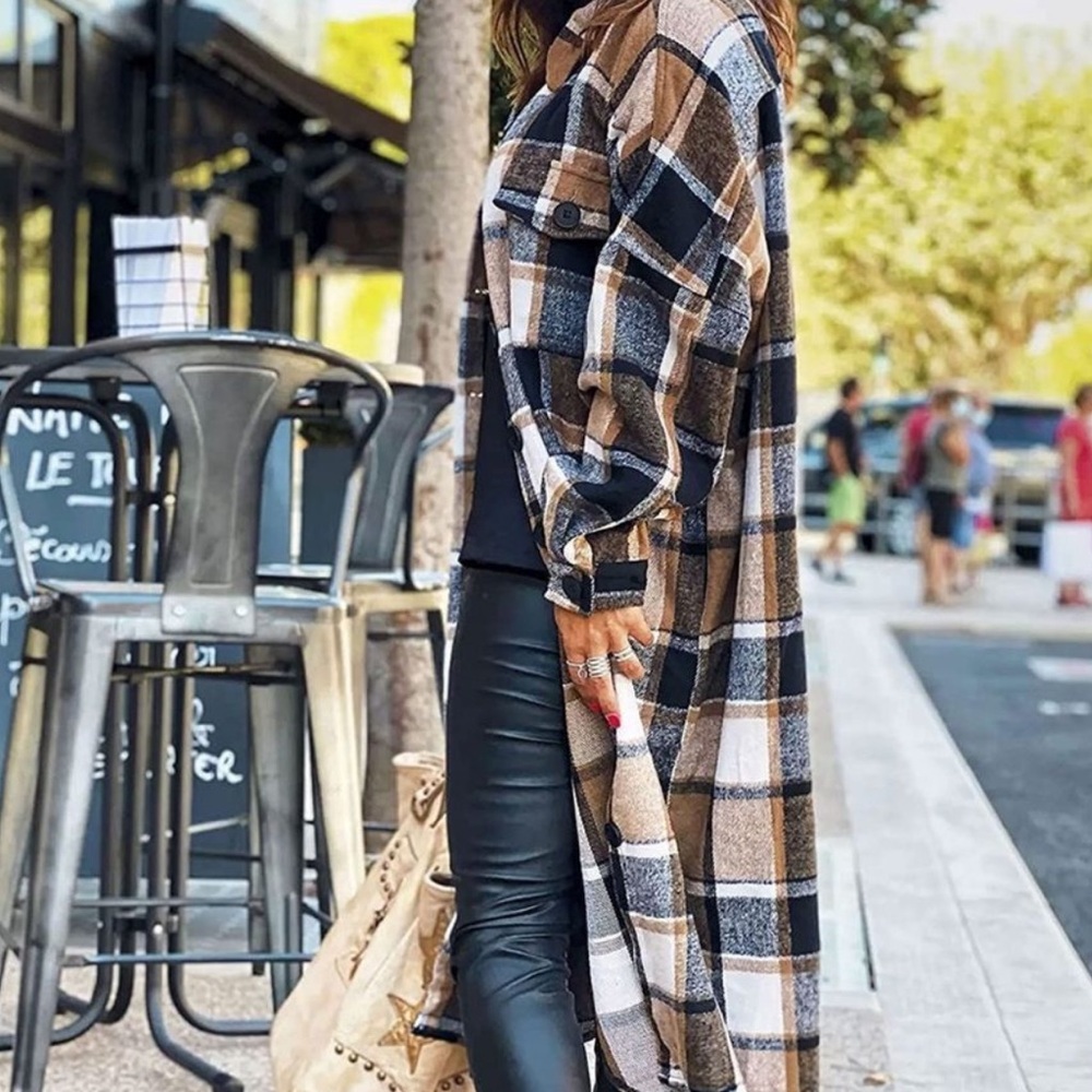 NWT Lounge Lapel Button Down Plaid Jacket Long Shirt Shacket Flannel Trench Coat